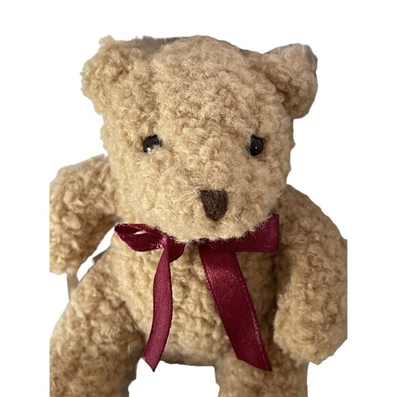 Russ Berrie Small (Mini) Beige Teddy Bear With Burgundy Bow - Picture 2 of 7